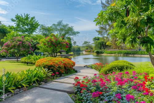 Colorful Dona flower plant and fresh geenery trees, shrub and bush in a good care maintenance landscapes, decorated with free form grey color concrete stepping walkway cross the water, small lake in a photo