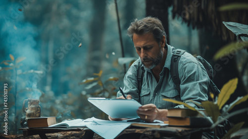 A man in holiday working from forest, flexibility of working photo