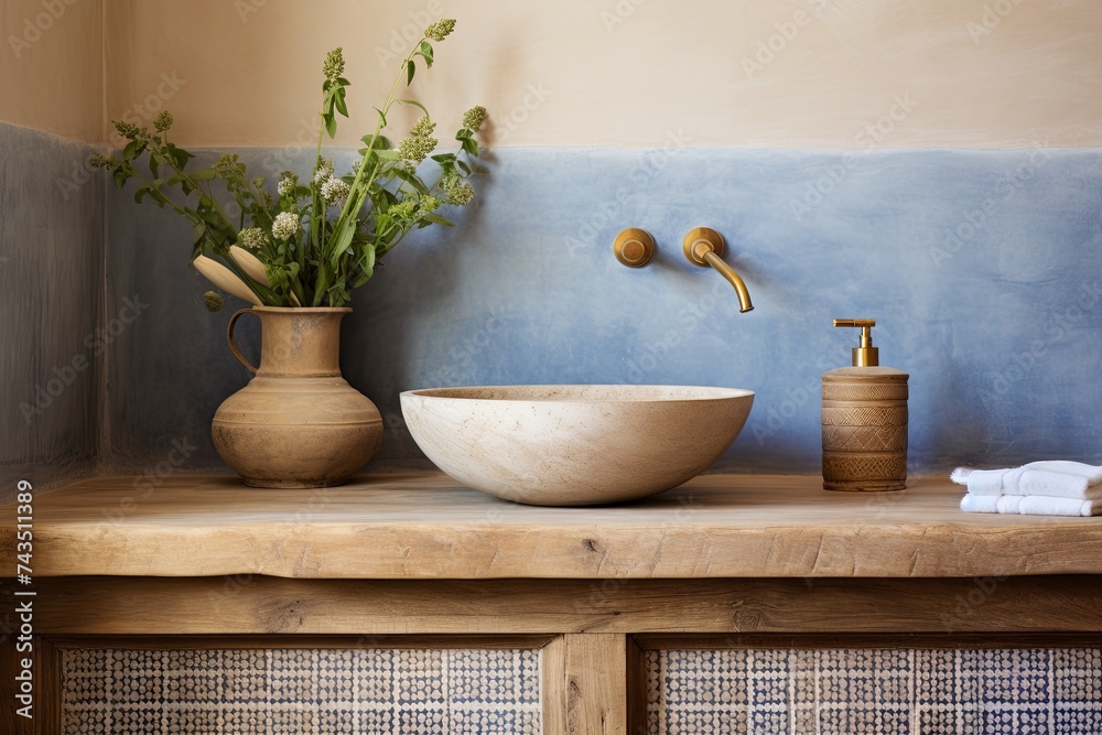 Moroccan Tile Bathroom: Rustic Stucco Wall Complementing Tiles Inspiration
