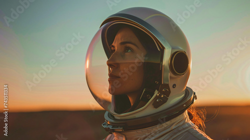 Thoughtful female astronaut in space helmet