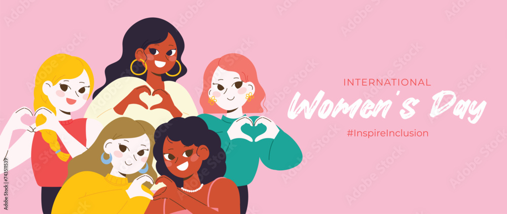 Naklejka premium International Women's Day banner vector. Inspire Inclusion hashtag slogan with hand drawn women character from diverse background heart shape hand gesture. Design for poster, campaign, social media.