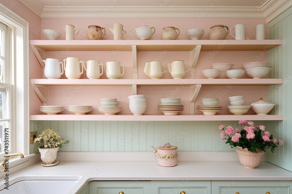 Fabric Curtain Beneath Sink: Open Shelving Kitchen Decor Ideas with Pastel Touch