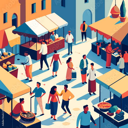 A vector illustration of a bustling marketplace with vendors and shoppers. vektor illustation