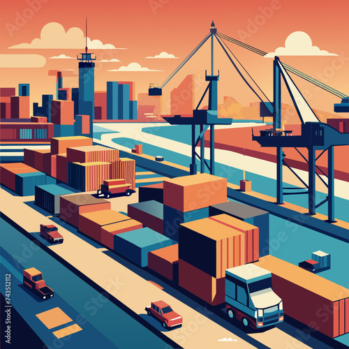 A vector illustration of a busy shipping yard with cranes loading cargo onto ships. vektor illustation