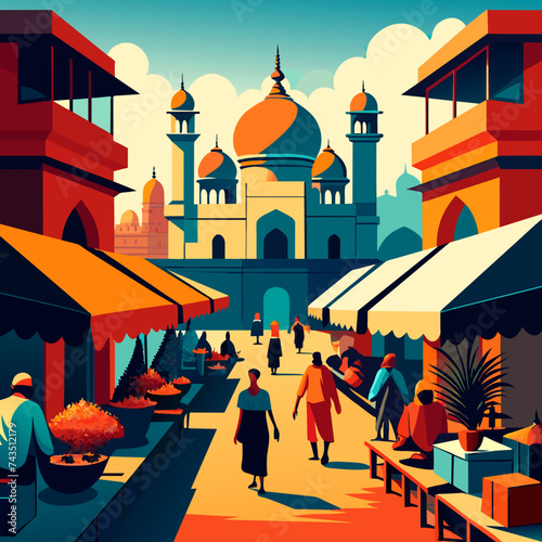 A vector illustration of a bustling marketplace with street vendors. vektor illustation