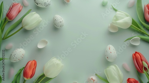 Top view of frame with tulips and pastel easter eggs isolated on light green background photo