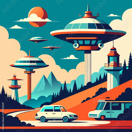 Quirky vehicles like flying saucers and hoverboards. vektor illustation