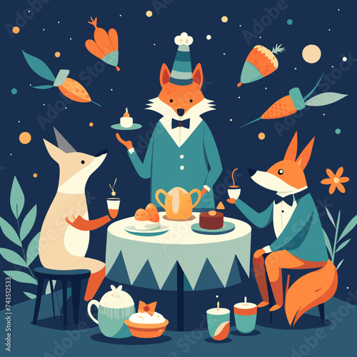 Whimsical tea party scenes with anthropomorphic animals. vektor illustation