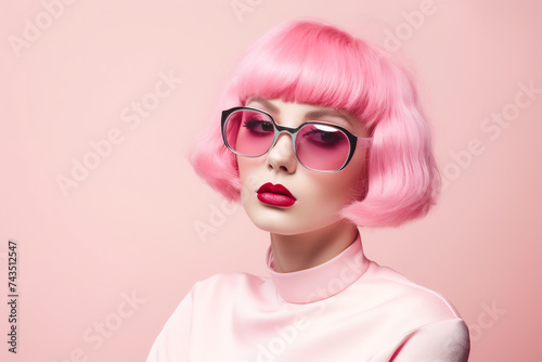 Chic Woman with Pink Bob Hairstyle and Stylish Oversized Sunglasses on Pink Background. Fashion Forward