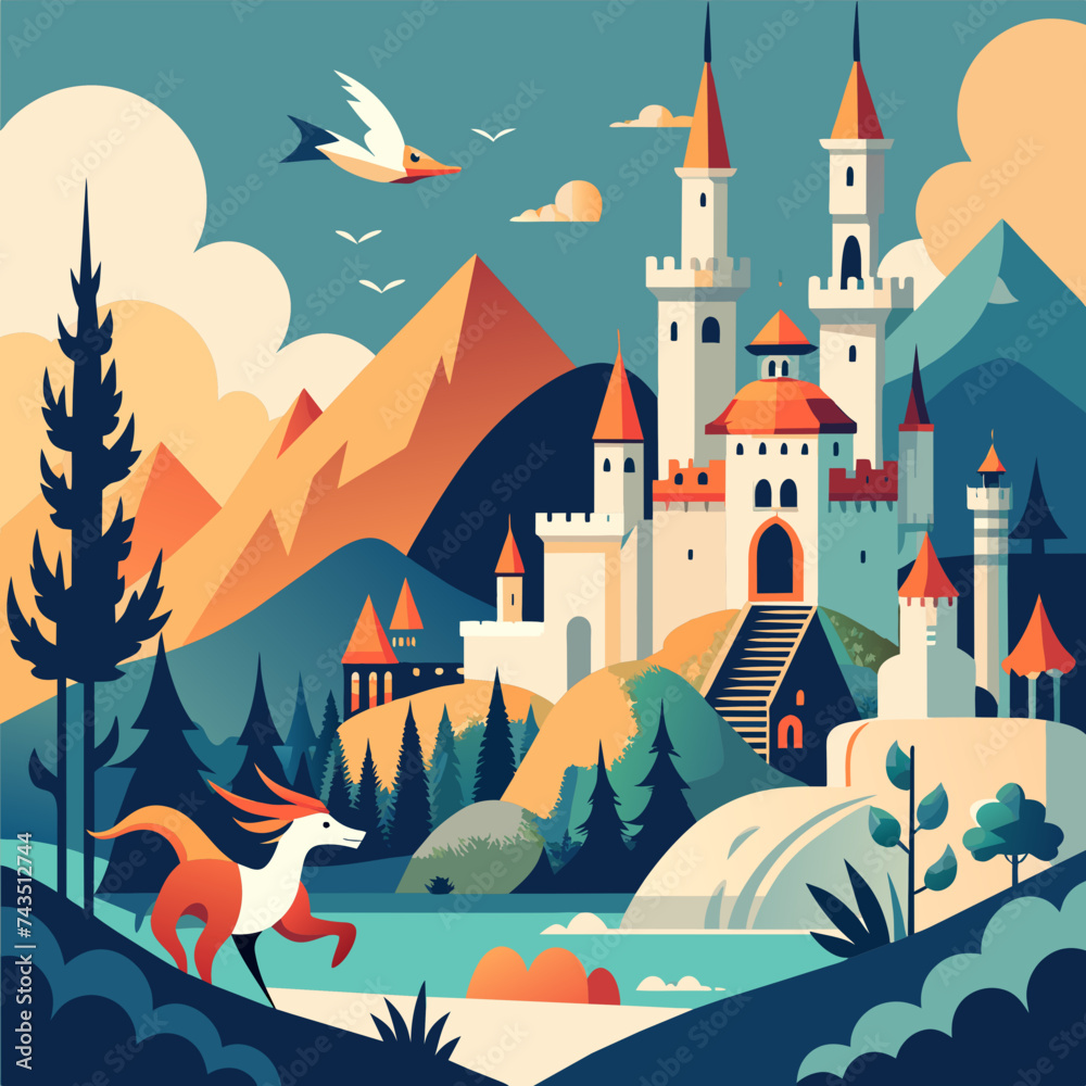 Whimsical scenes from a fairy tale kingdom with castles and dragons. vektor illustation Whimsical scenes from a fairy tale kingdom with castles and dragons. vektor illustation