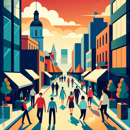 A vector illustration of a bustling city street filled with business activity. vektor illustation