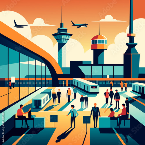 A vector illustration of a busy airport terminal, representing global commerce and travel. vektor illustation