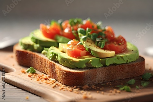 Closeup of healthy homemade avocado toasts with rye bread, crushed or grated avocado, tomato slices, cheese salt, black pepper, sesame seeds. Vegetarian food. Plant-based diet. Classic lunch. 