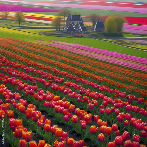 Dutch rural, tulip fields, countryside landscape. photo