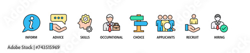 Job fair banner web icon set vector illustration concept for employee recruitment and onboarding program with an icon of the information, advice, skills, occupational, applicants, recruit, and hiring