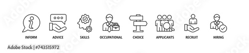 Job fair banner web icon set vector illustration concept for employee recruitment and onboarding program with an icon of the information, advice, skills, occupational, applicants, recruit, and hiring