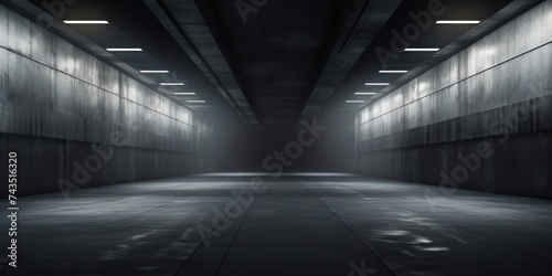 Black dark room corridor hall white neon light concrete