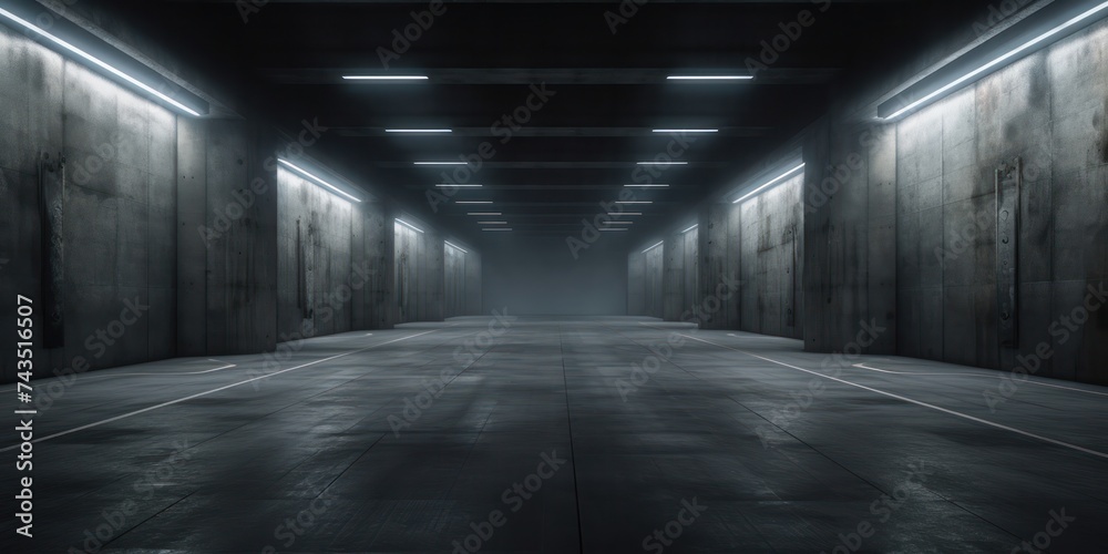 Black dark room corridor hall white neon light concrete
