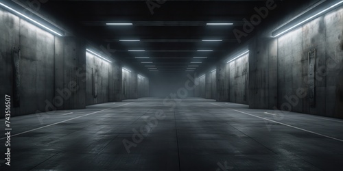 Black dark room corridor hall white neon light concrete