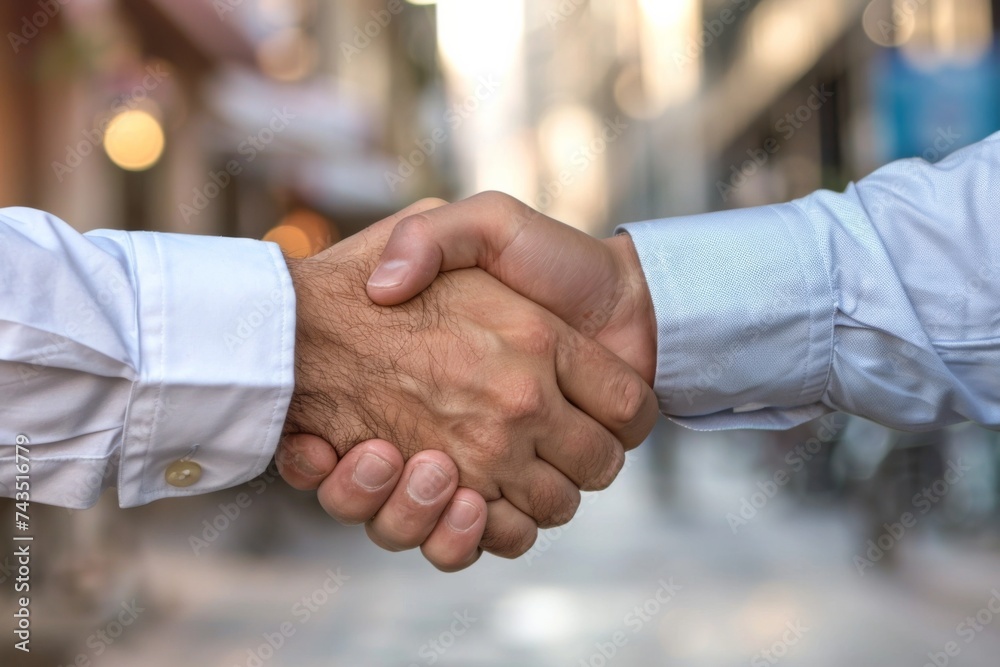 A business partnership meeting shake hands after a successful deal. The background is blurred A business partnership meeting shake hands after a successful deal. The background is blurred