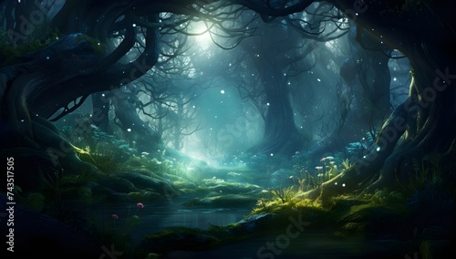 An ethereal forest scene with misty trees and fireflies, suitable for a magical vector background