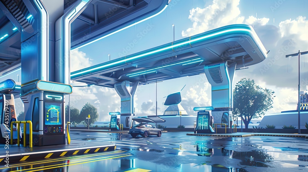 Fototapeta premium Futuristic gas station, kiosks mounted on pillars and robotic arms that automatically refuel cars, daytime with a clear blue sky, well-indicated transit routes for cars, serenity in technological evol