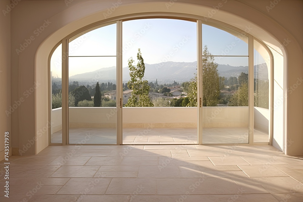 Fototapeta premium Travertine Tile Flooring Ideas: Serene Villa View with Big Window Accent