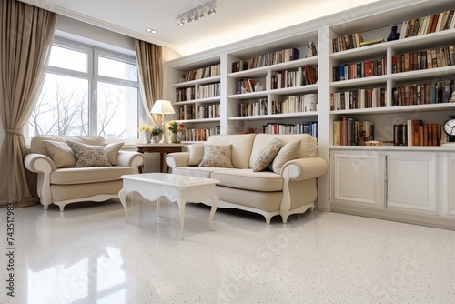 White Sofa Terrazzo Flooring Interior: Classic Style Concept with Shelving Unit