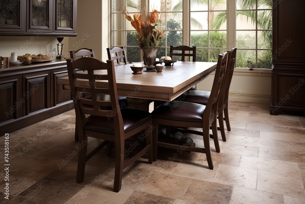 Travertine Tile Flooring Ideas: Roomy Dining Room Slab Table Inspiration