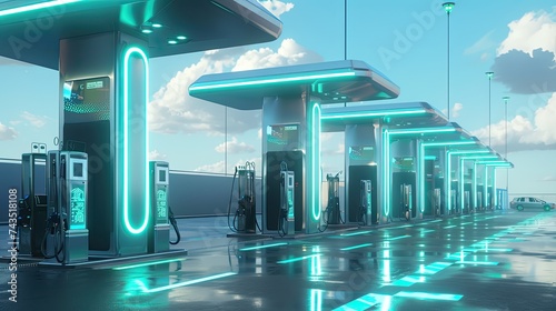 Futuristic gas station, kiosks mounted on pillars and robotic arms that automatically refuel cars, daytime with a clear blue sky, well-indicated transit routes for cars, serenity in technological evol