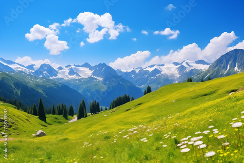 Landscape in the mountains. Panoramic view from the top meadows, alpine trees, wildflowers and snow on mountain Concept travel nature