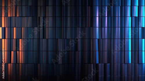 Futuristic, high tech, dark background, with a rectangular block structure. Wall texture with a 3D rectangle tile pattern, and blue lines between block