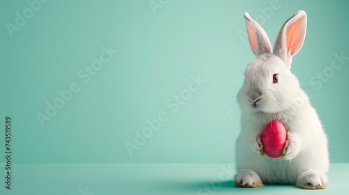white Bunny holding easter egg on pastel light green background