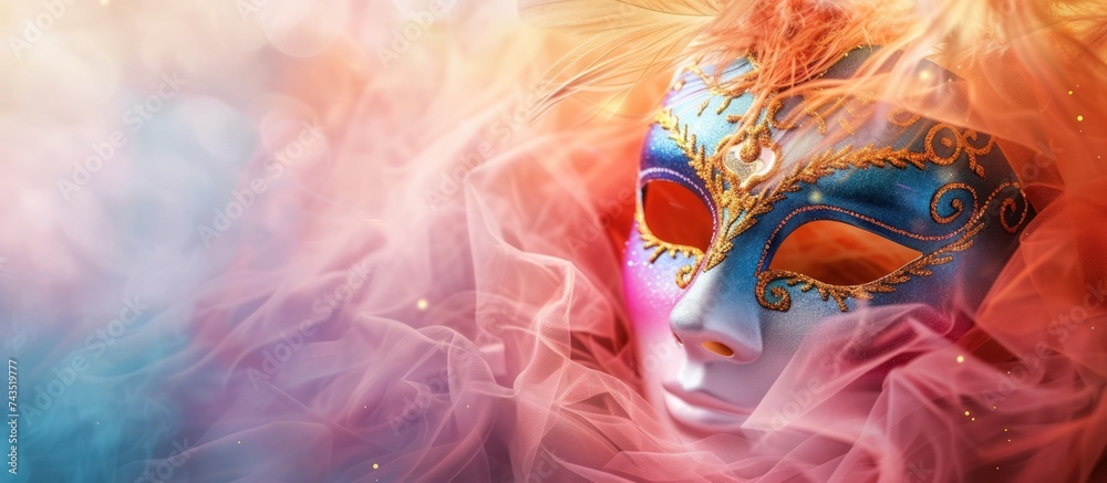 Mardi gras carnival mask on pastel background copy space. benatska maska on abstract background, Generative AI - obrazy, fototapety, plakaty 