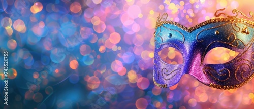 Mardi Gras mask lying on a velvet surface, surrounded by scattered colorful beads and feathers, carnival mask on bokeh background. Generative AI