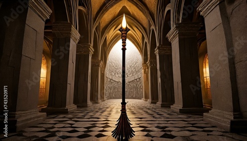 man with spear standing in front of the hallway leading to the mysterious castle, digital art style, illustration painting