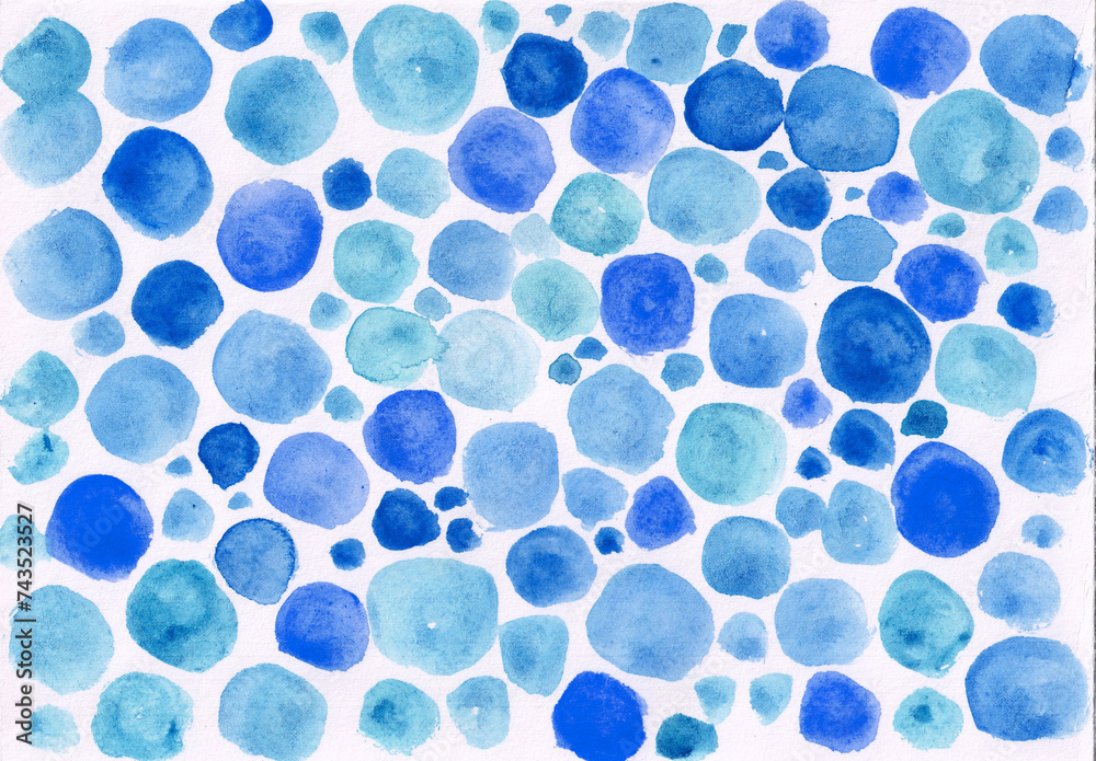 Abstract background. Blue circles and dots of different sizes, curved shape, hand drawn on white background. Different shades of blue. Watercolor. Baby shower. This is a boy. Holiday, party. Wedding. Abstract background. Blue circles and dots of different sizes, curved shape, hand drawn on white background. Different shades of blue. Watercolor. Baby shower. This is a boy. Holiday, party. Wedding.