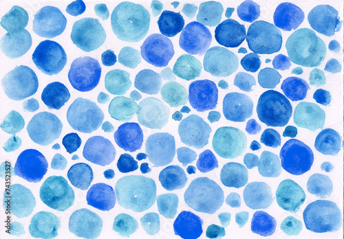 Abstract background. Blue circles and dots of different sizes, curved shape, hand drawn on white background. Different shades of blue. Watercolor. Baby shower. This is a boy. Holiday, party. Wedding.