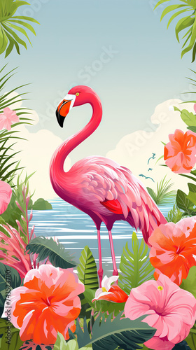 Flamingo bright background with colorful flowers