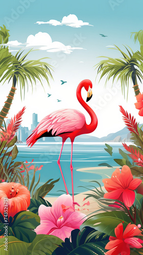 Flamingo bright background with colorful flowers