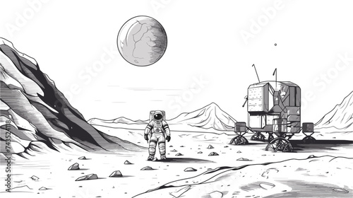 Abstract astronaut standing next to a landed spacecraft on the moon. simple Vector art