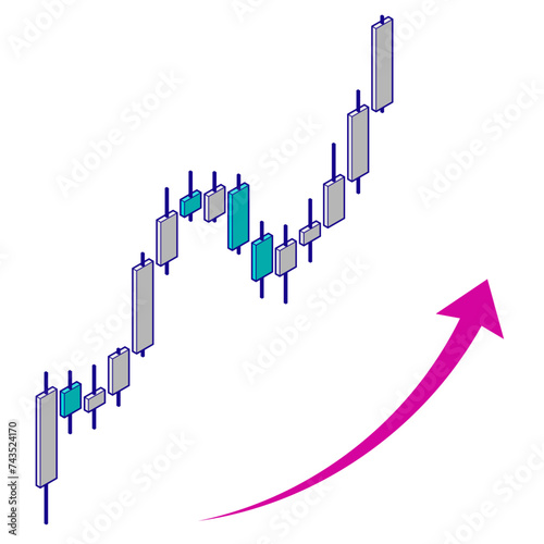 アイソメトリックな上昇チャートのイラスト。FX、投資素材。主線あり。
