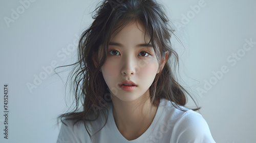 Close up portrait of confident korean girl  student looking at camera with pleased smile  Portrait of smiling beautiful business asian woman  Beautiful hair woman on white background  Generative AI