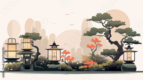 Abstract traditional garden setting with bonsai trees and lanterns. simple Vector art