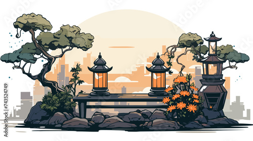 Abstract traditional garden setting with bonsai trees and lanterns. simple Vector art