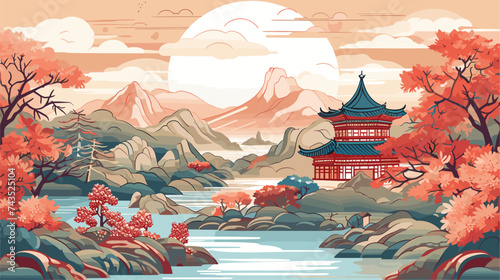 Abstract rural landscape with traditional Chinese architecture and festivities. simple Vector art