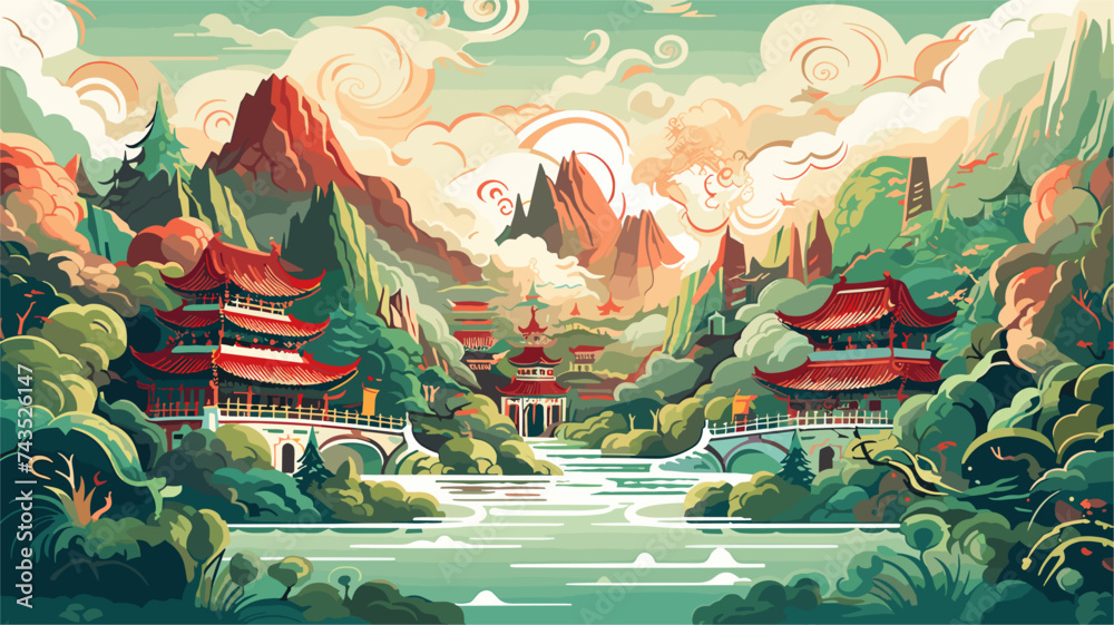Abstract mountainous region with pagodas and dragon dance performances. simple Vector art