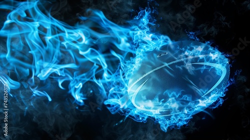Rugby ball caught in a trail of blue flames against a black smoky backdrop. The illustration presents a dynamic and high-energy concept, symbolic of the intensity of rugby sports. photo