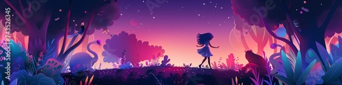 Serene cartoon park in a fairy tale world young girl dancing with whimsical creatures at dusk