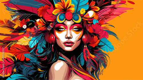 Carnival girl in a vibrant and fringed costume with tropical flower accents. simple Vector art